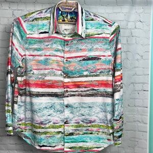 Robert Graham Shirt Mens 2XL Classic Fit Colorful Abstract Striped Emroidered
